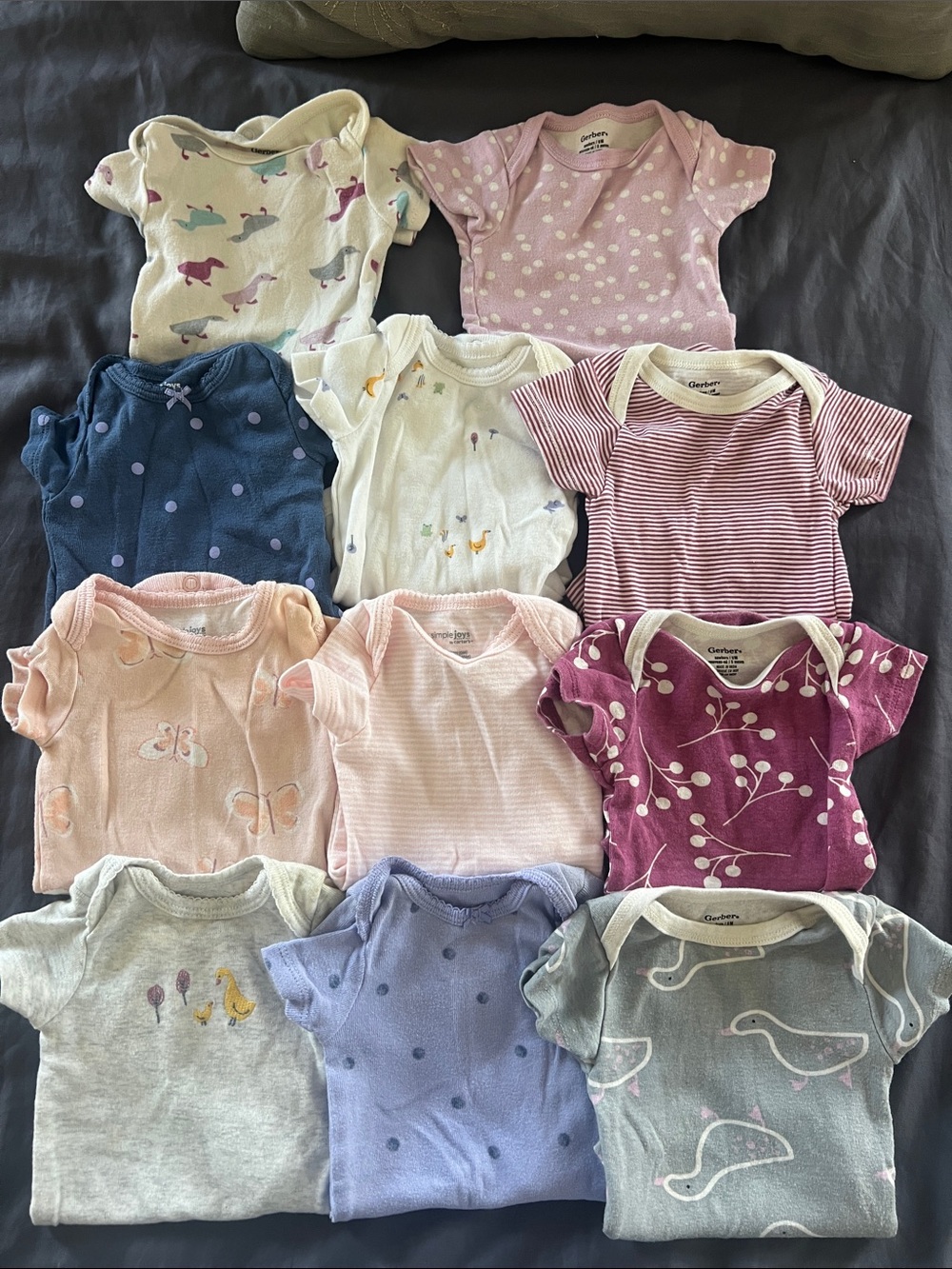 Lot of 11 baby girl newborn short sleeve onesies purple pink gray and ducks